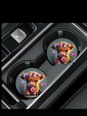 2pcs Cute Highland Cow Car Coaster - Floral Design